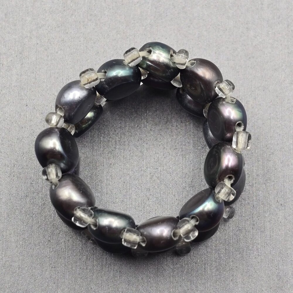 Peacock Pearl Stretch Ring Size 6–10 Glass Beads Spacers VTG Double Layered 12mm - Picture 2 of 9